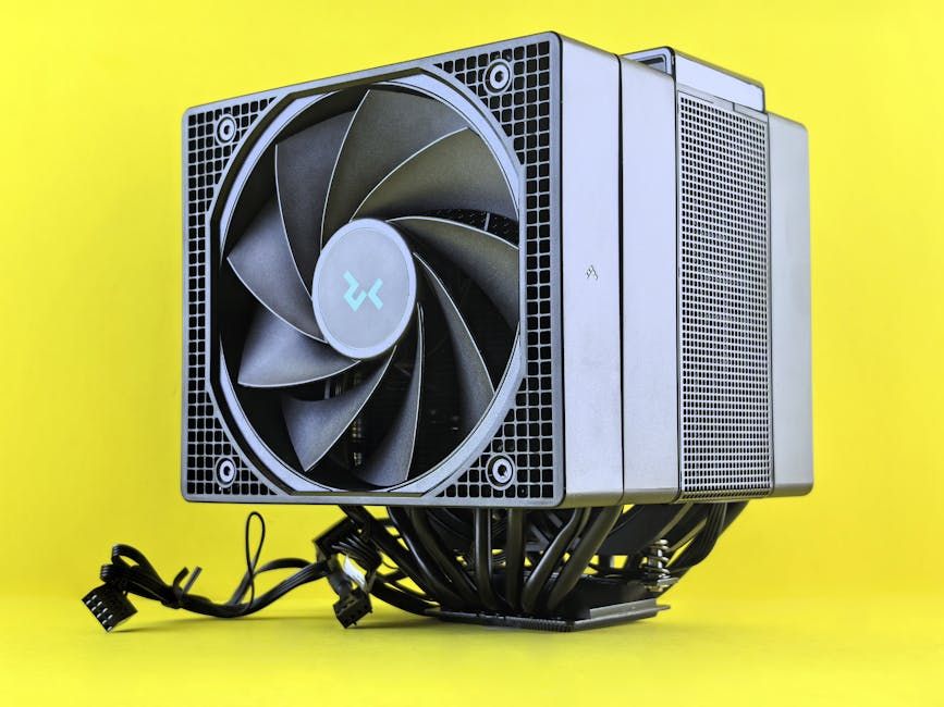Close-up of a powerful CPU cooler with fan and cables on a vibrant yellow backdrop, highlighting modern technology.